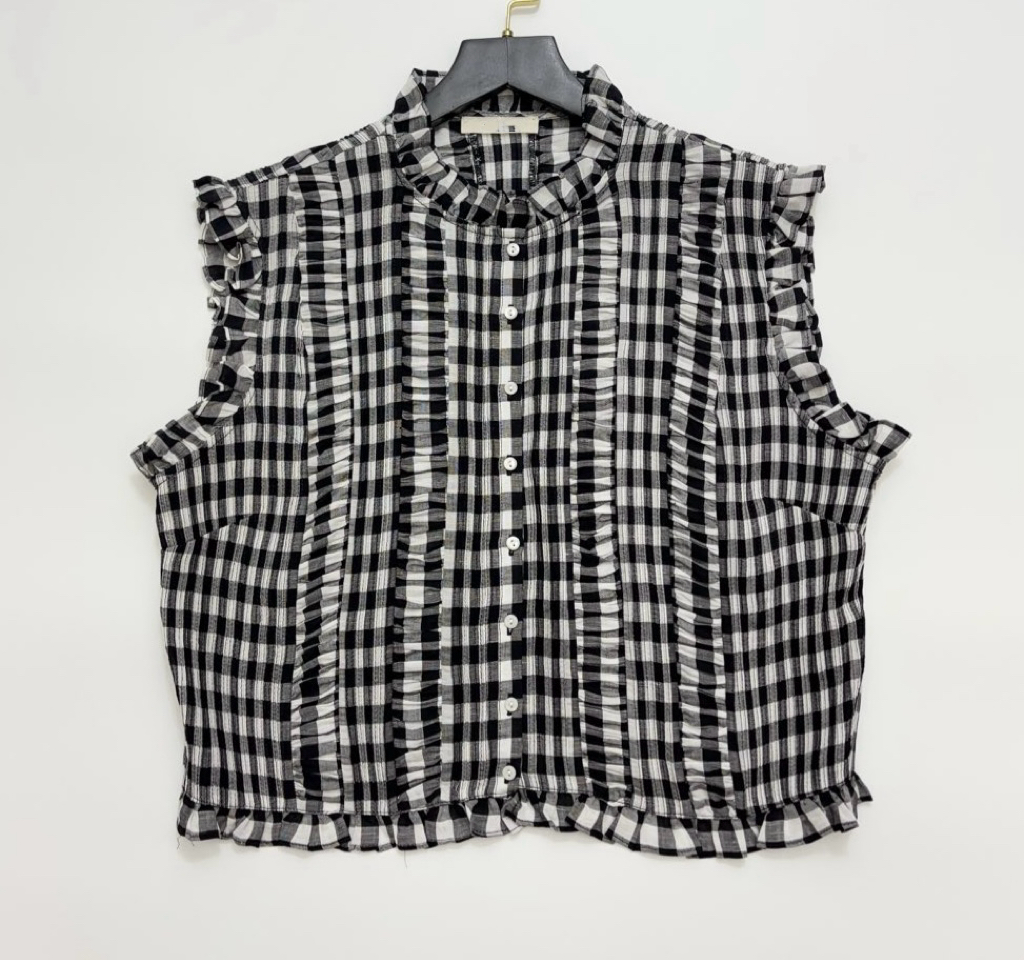 法式复古小众百搭少女气质黑白格纹无袖背心衬衫