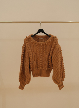 立体球球复古麻花灯笼袖低圆领羊毛短毛衣针织上衣
