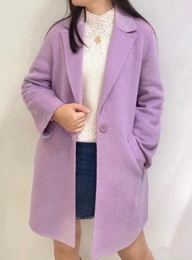 法国小众女装中长款淡紫色羊毛混纺大衣外套