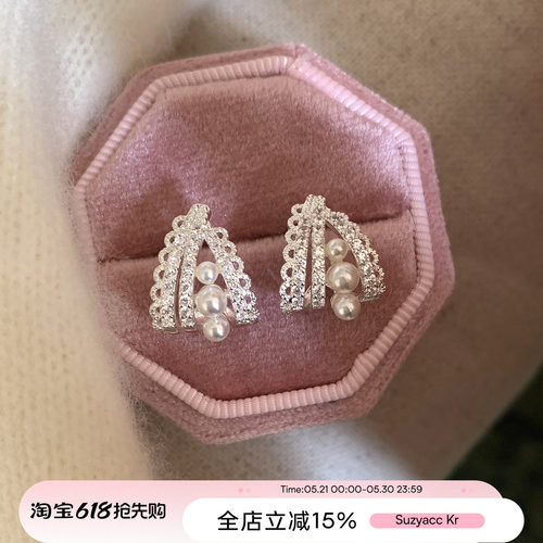 suzyacc kr温柔精致气质仿珍珠蕾丝耳环小众设计感芭蕾纯欲风耳钉