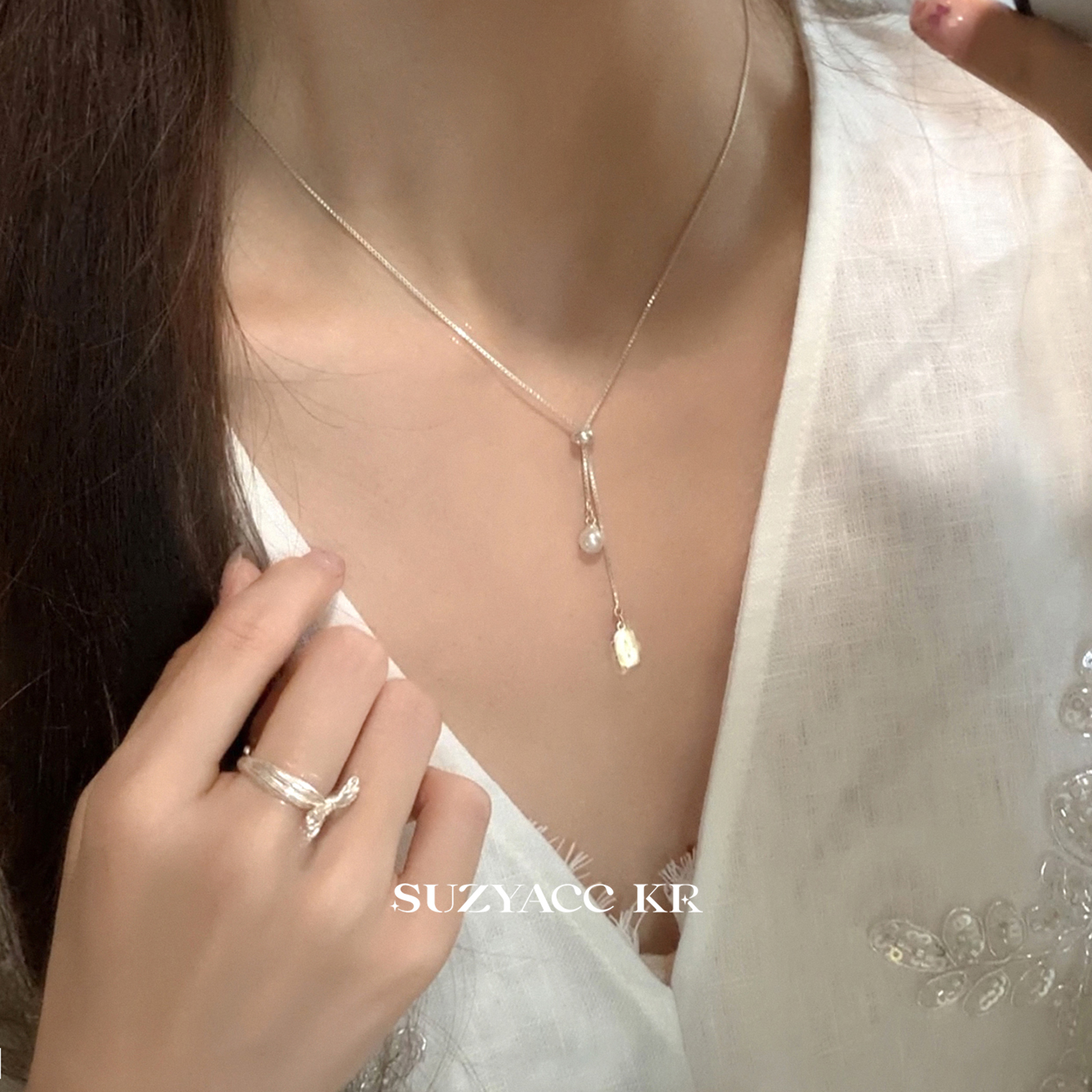 suzyacc kr春夏小众设计纯银抽拉珍珠吊坠项链简约锁骨链2025新款