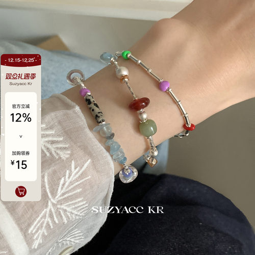 suzyacc kr小众彩色串珠纯银碎银手链ins复古百搭夏季多巴胺手串