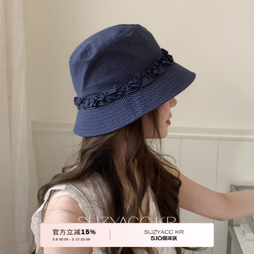 suzyacc kr日系复古百搭花边格纹渔夫帽ins小众设计感防晒遮阳帽