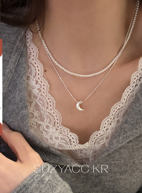 【新品限时2件88折】2.12 20点法式珍珠月亮双层叠带项链