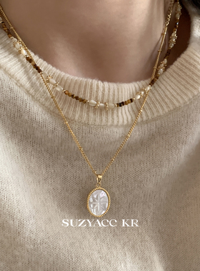suzyacc kr个性定制白贝母椭圆吊坠项链复古小众设计串珠叠戴颈链