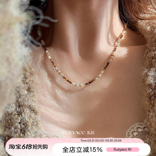 suzyacc kr复古美拉德咖色串珠项链女2026新款小众高级叠戴毛衣链