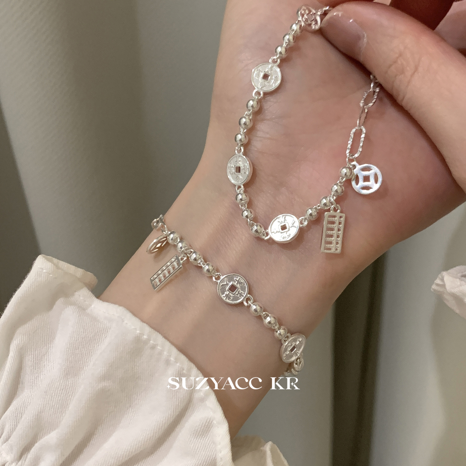 suzyacc kr简约高级感纯银钱币算盘手链女轻奢小众精致百搭手饰