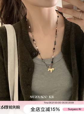 suzyacc kr复古彩色仿松石串珠小马项链小众设计感本命年毛衣链
