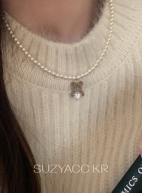 suzyacc kr绒面小熊珍珠项链甜美小众叠戴锁骨链女气质复古毛衣链