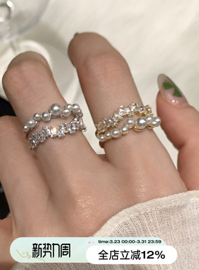 suzyacc kr精致显手白仿珍珠合成锆石开口戒指轻奢小众高级食指戒