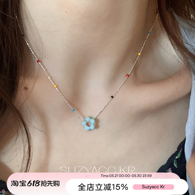 suzyacc kr蓝调纯银滴釉花朵彩色项链小清新ins设计感百搭锁骨链