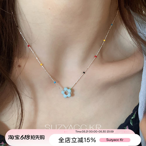 suzyacc kr蓝调纯银滴釉花朵彩色项链小清新ins设计感百搭锁骨链