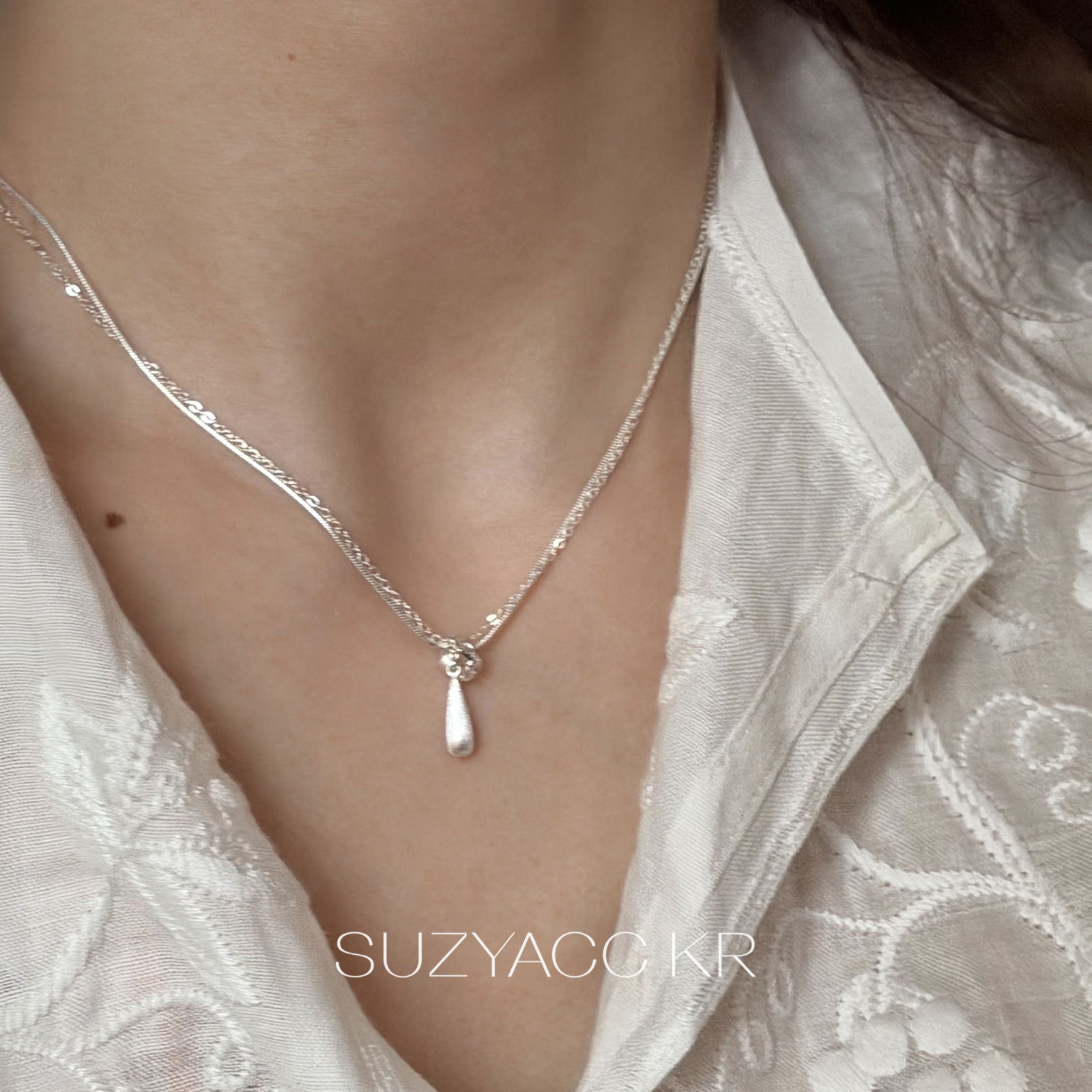 suzyacc kr手工拉丝纯银水滴双层项链女简约小众高级百搭锁骨链
