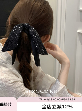 suzyacc kr黑色波点蝴蝶结飘带发圈女通勤复古小众低马尾皮筋头绳