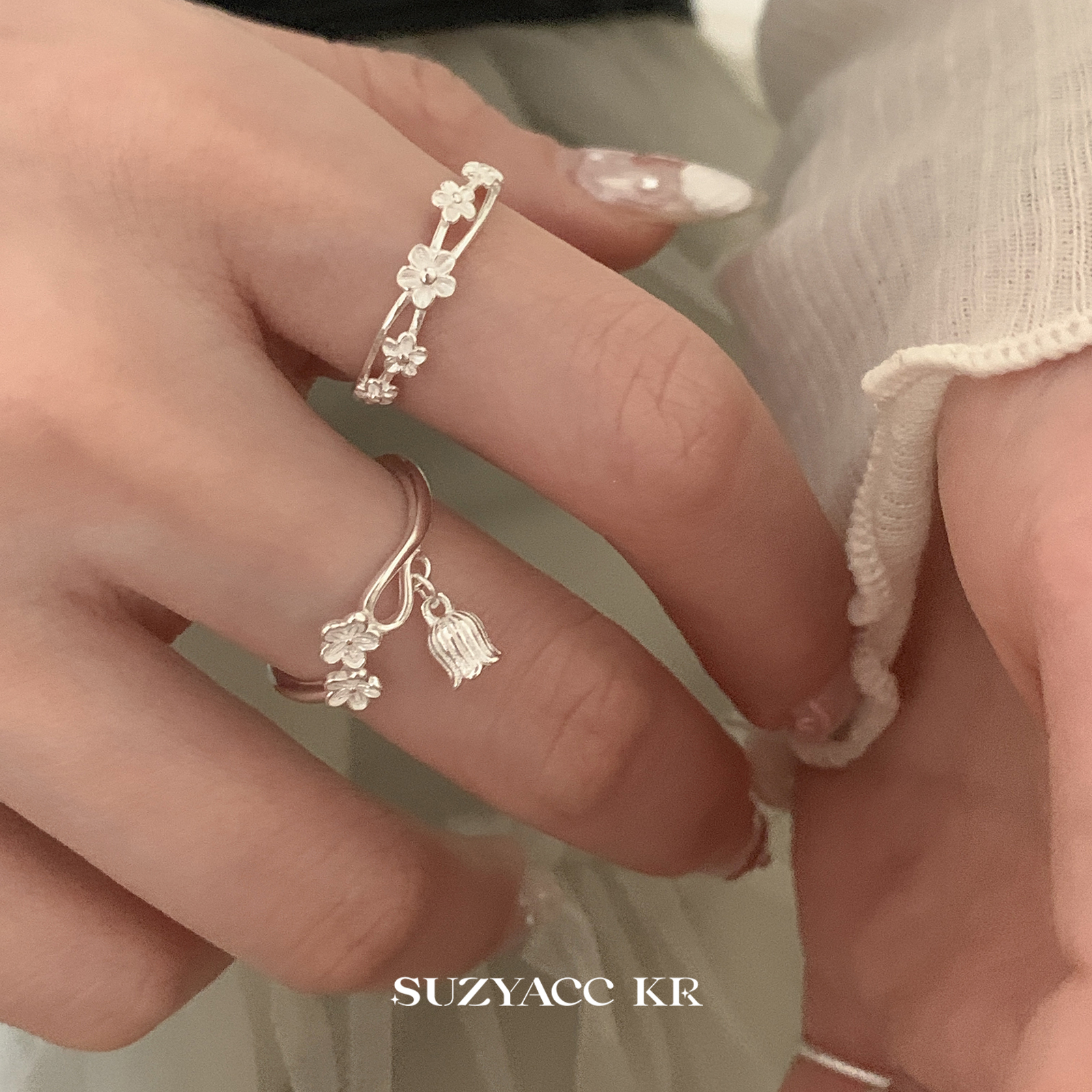 suzyacc kr春日樱花 纯银花朵戒指小众设计简约高级感食指戒指环