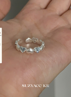 suzyacc kr小众设计蓝色爱心拉丝戒指小清新春夏食指戒轻奢指环女