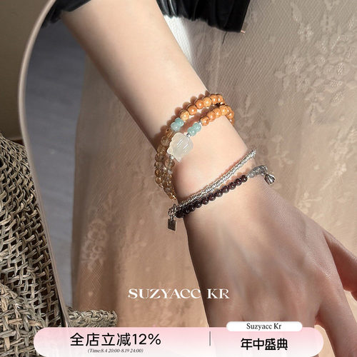 suzyacc kr小狐狸库克双层石榴石纯银叠戴手链女复古小众气质手饰