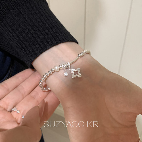 suzyacc kr极简小众四叶花银珠手串百搭高级感手串温柔气质手饰