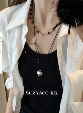 suzyacc kr轻奢百搭小众黑白串珠项链女款2024新款爱心黑绳项链