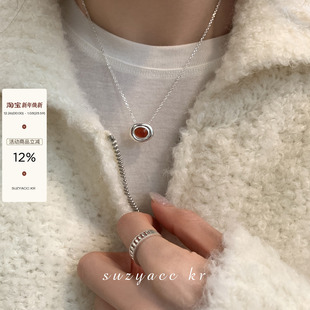 suzyacc kr中古vintage复古珠宝风纯银椭圆项链百搭高级感毛衣链