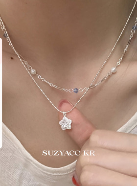 suzyacc kr合成锆石星星吊坠双层串珠项链温柔气质小众高级锁骨链