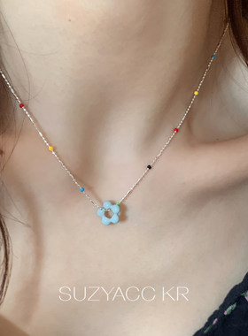suzyacc kr蓝调纯银滴釉花朵彩色项链小清新ins设计感百搭锁骨链