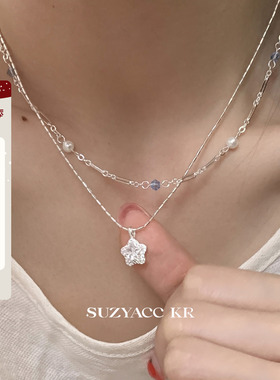 suzyacc kr合成锆石星星吊坠双层串珠项链温柔气质小众高级锁骨链