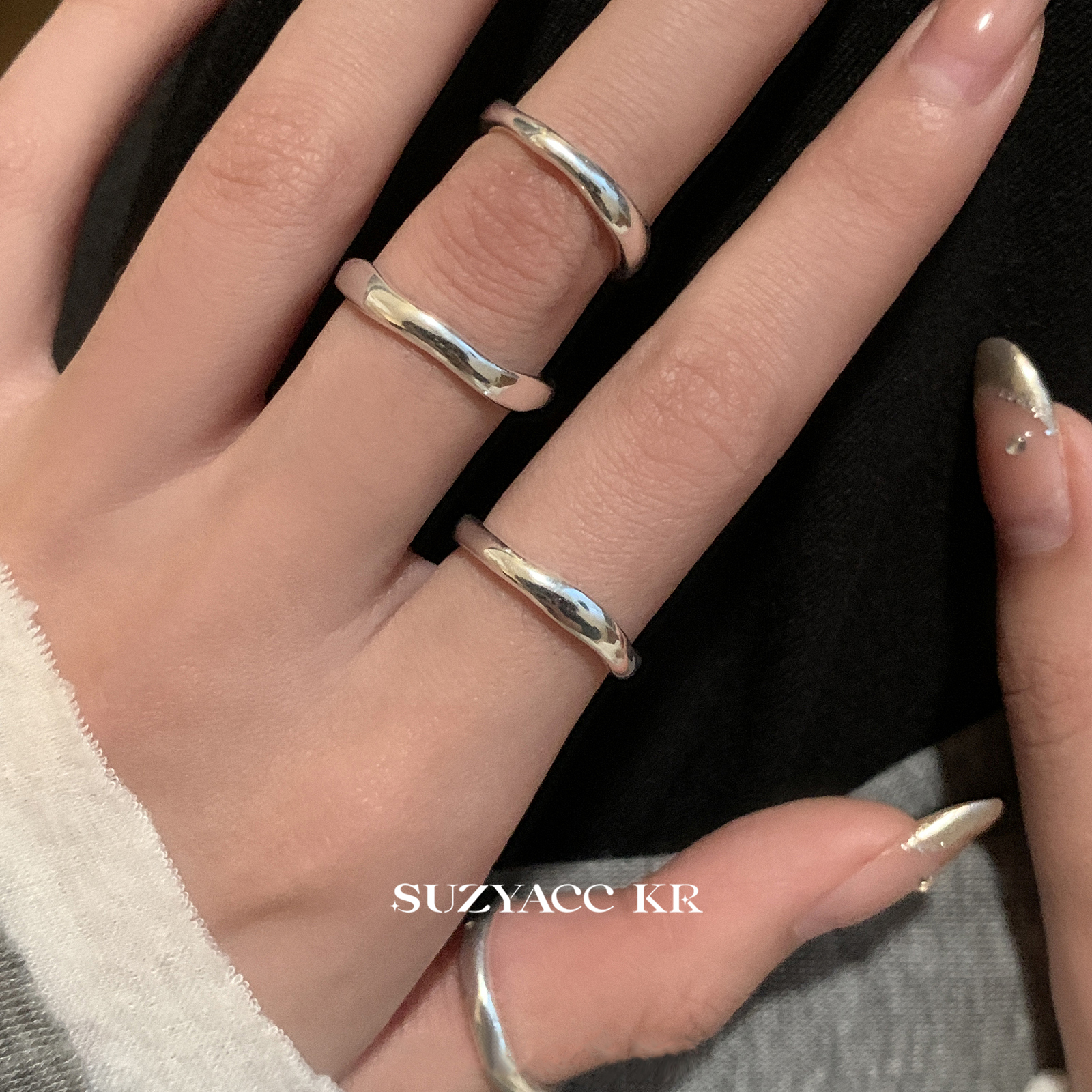 suzyacc kr纯银不规则素圈戒指极简风小众设计感食指戒百搭指环
