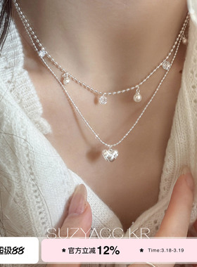 suzyacc kr春夏小众爱心吊坠叠戴项链超闪水钻显白锁骨链精致颈链