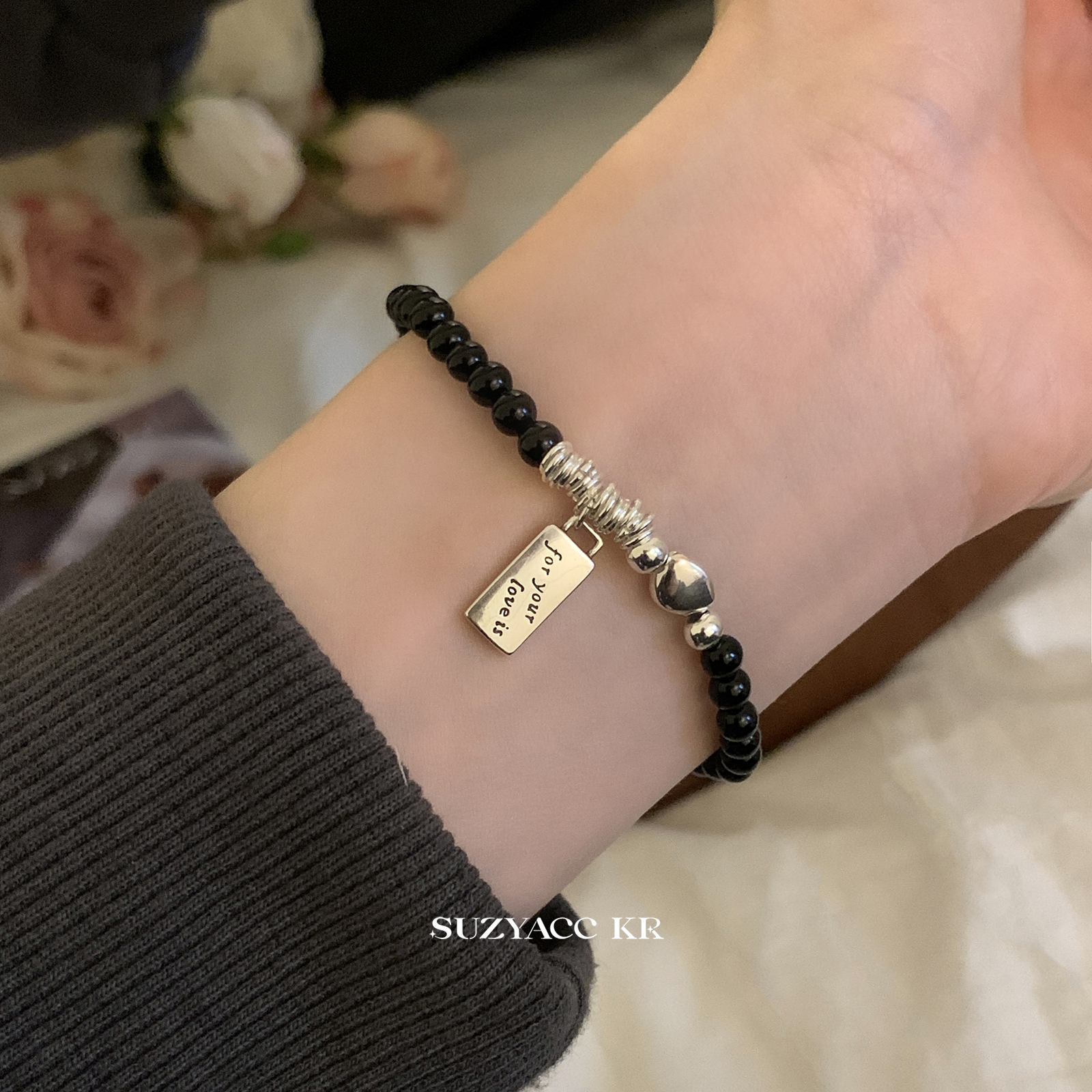 suzyacc kr纯银盘缠方牌黑玛瑙手链手串轻奢简约精致高级感手饰女