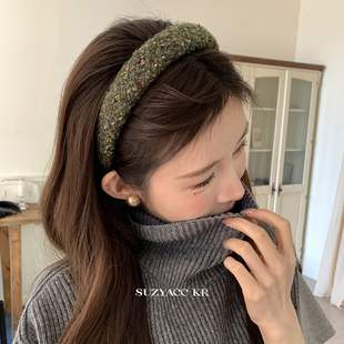 kr绿色显白温柔小香风粗毛呢海绵发箍复古气质高颅顶头箍 suzyacc