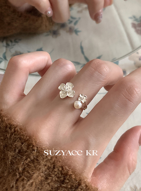 suzyacc kr清冷风纯银花朵淡水珍珠戒指小众设计食指戒高级感指环