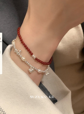 suzyacc kr纯银红玛瑙串珠手链轻奢小众精致手串复古百搭高级手饰