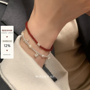 suzyacc kr纯银红玛瑙串珠手链轻奢小众精致手串复古百搭高级手饰