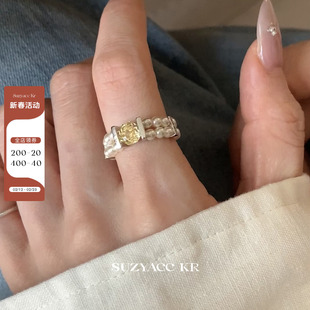 suzyacc kr黄色水钻仿珍珠弹力绳戒指小众设计质感食指戒指环