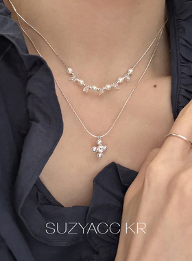 suzyacc kr夏日清凉透闪双层水钻项链女简约高级感ins风叠戴颈链