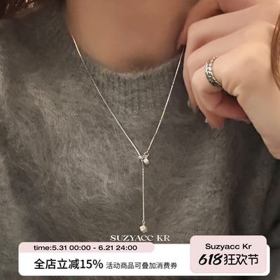 suzyacc kr百搭纯银方块吊坠抽拉项链女2025新款简约小众高级颈链