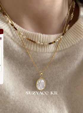 suzyacc kr个性定制白贝母椭圆吊坠项链复古小众设计串珠叠戴颈链