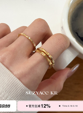 suzyacc kr合成锆石竹节戒指小众设计通勤百搭开口食指戒时尚指环