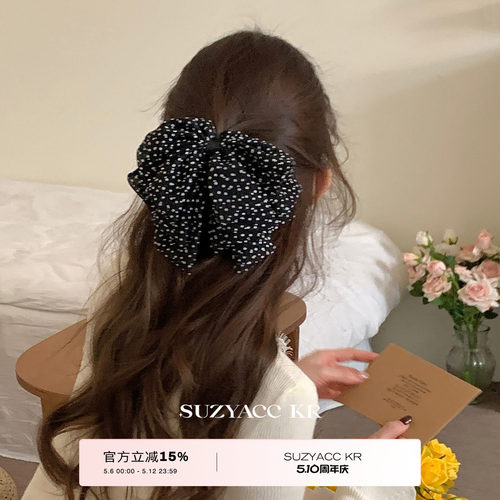 suzyacc kr氛围感波点雪纺蝴蝶结发夹女2025新款后脑勺盘发抓夹