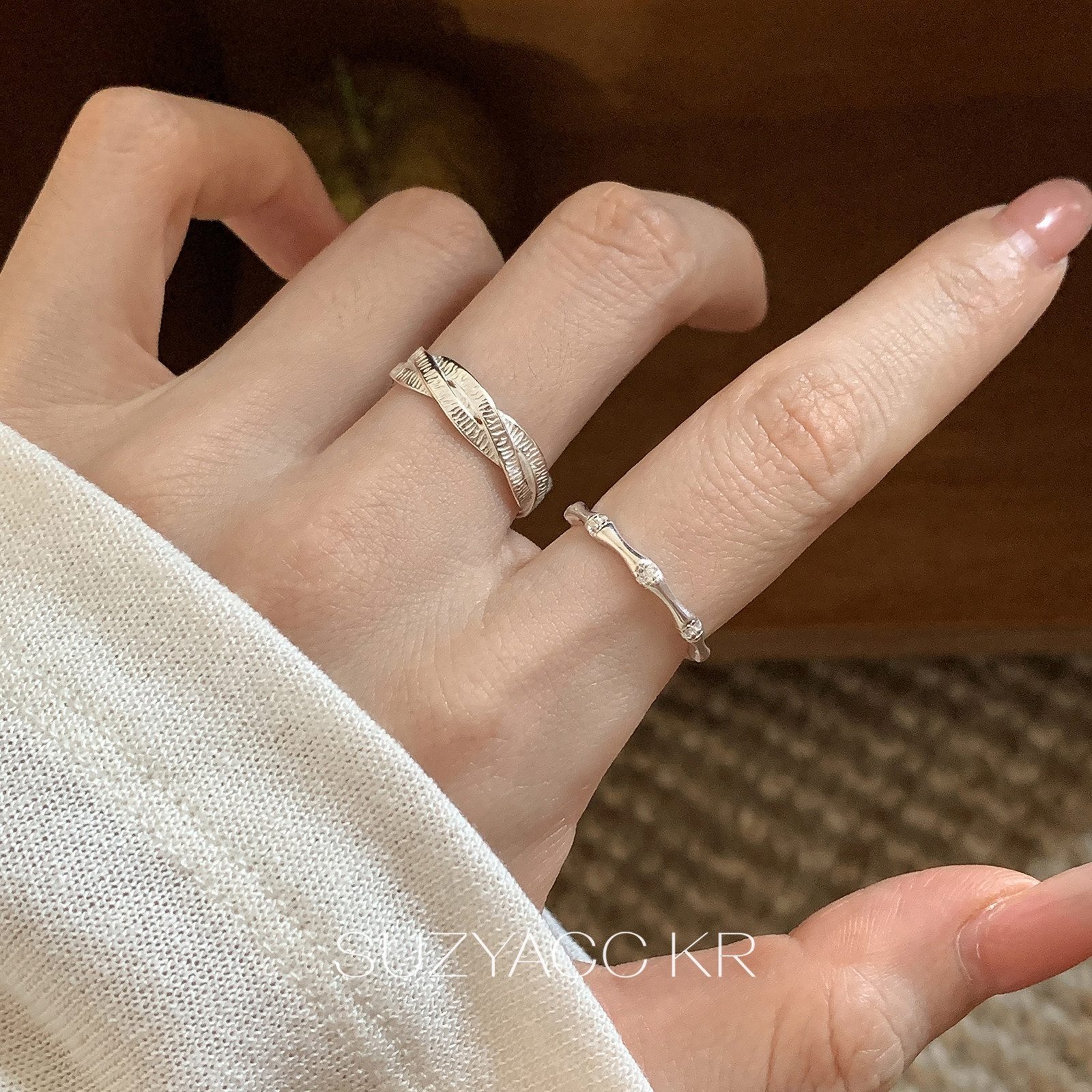 suzyacc kr小众设计交叉竹节纯银戒指精致百搭高级感个性食指戒女图片