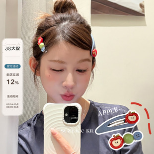 suzyacc kr可爱童趣撞色苹果牛仔发夹刘海夹小众设计ins个性边夹