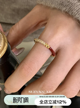suzyacc kr本命年饰品红色滴釉水钻拼接戒指超闪显白小众食指戒