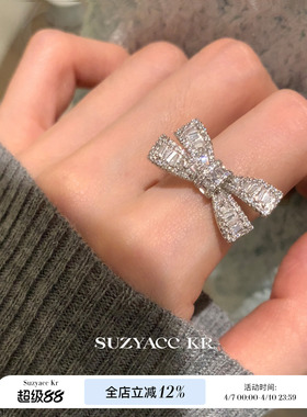 suzyacc kr轻奢重工满钻蝴蝶结戒指小众设计高级感食指戒可调节