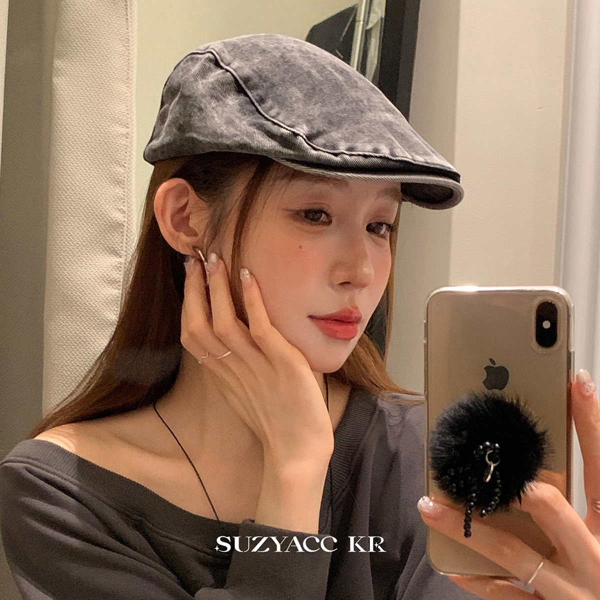 suzyacc kr日系复古水洗灰前进帽秋冬男报童帽女2024新款画家帽子