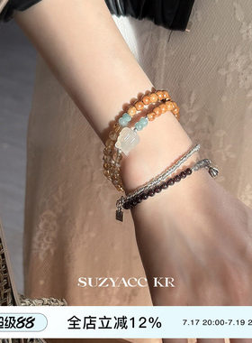 suzyacc kr小狐狸库克双层石榴石纯银叠戴手链女复古小众气质手饰