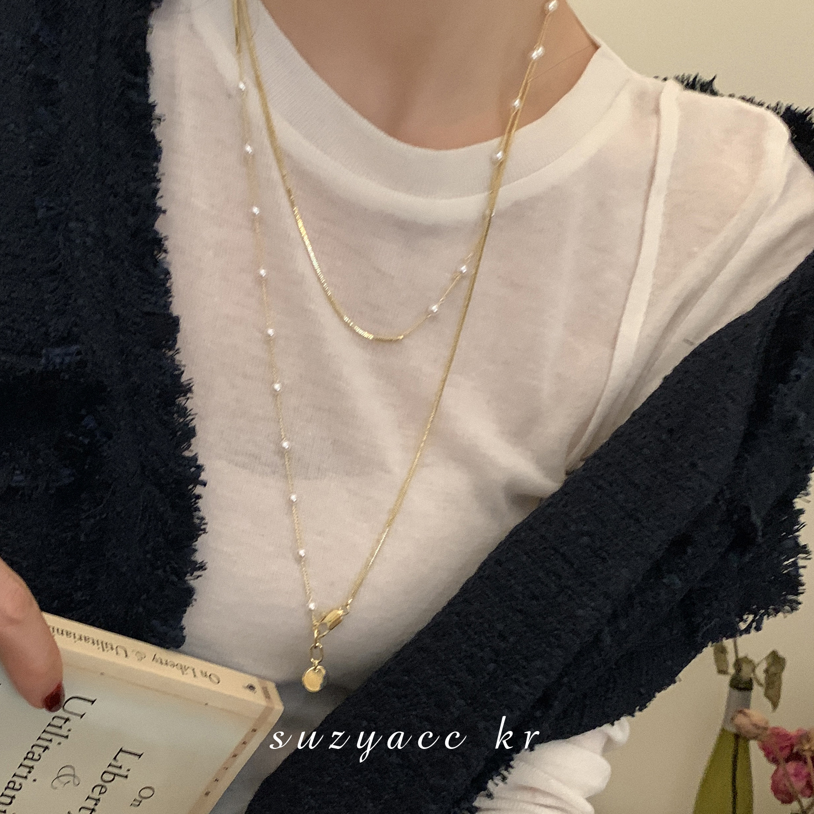 轻奢珍珠拼接双层毛衣链