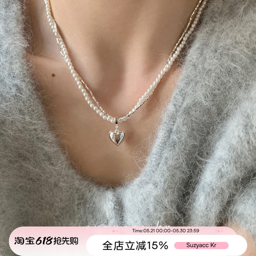双层缠绕碎银子珍珠爱心项链