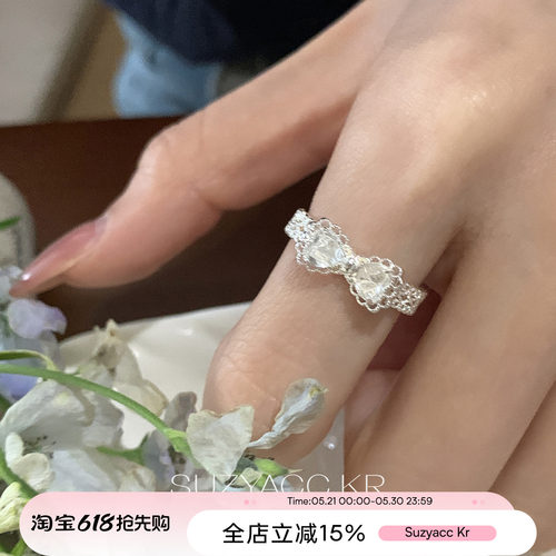suzyacc kr清透立体蕾丝蝴蝶结戒指法式精致复古高级感食指戒指环