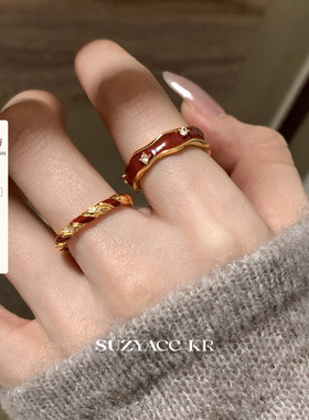 suzyacc kr本命年显白红色滴釉戒指圣诞新年小众气质食指戒指环女